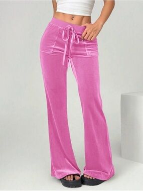 4 / $20 Bubblegum Pink Velvet Drawstring Flared Lounge Pants with Patch Pockets